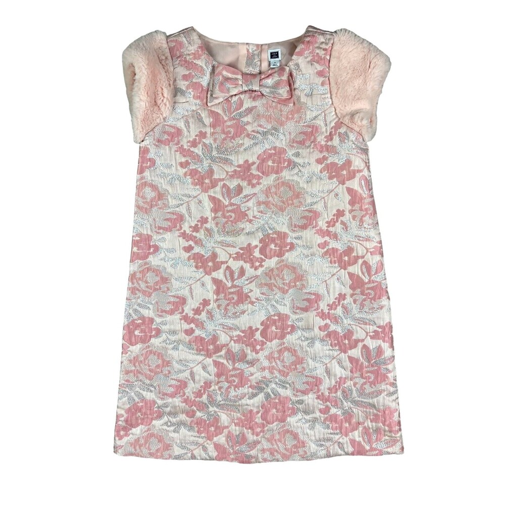 Janie and Jack Girls Pink & Silver Faux Fur Cap Sleeve Brocade Dress Size 7